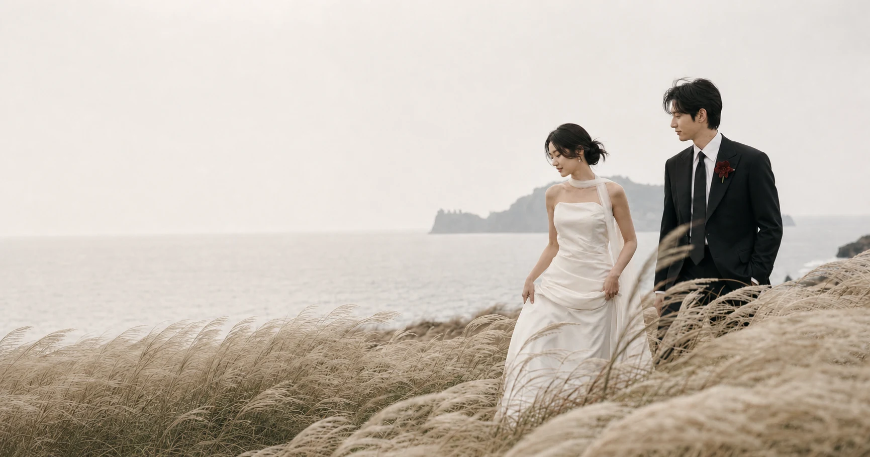 A couple photographed during a wedding shoot in Jeju