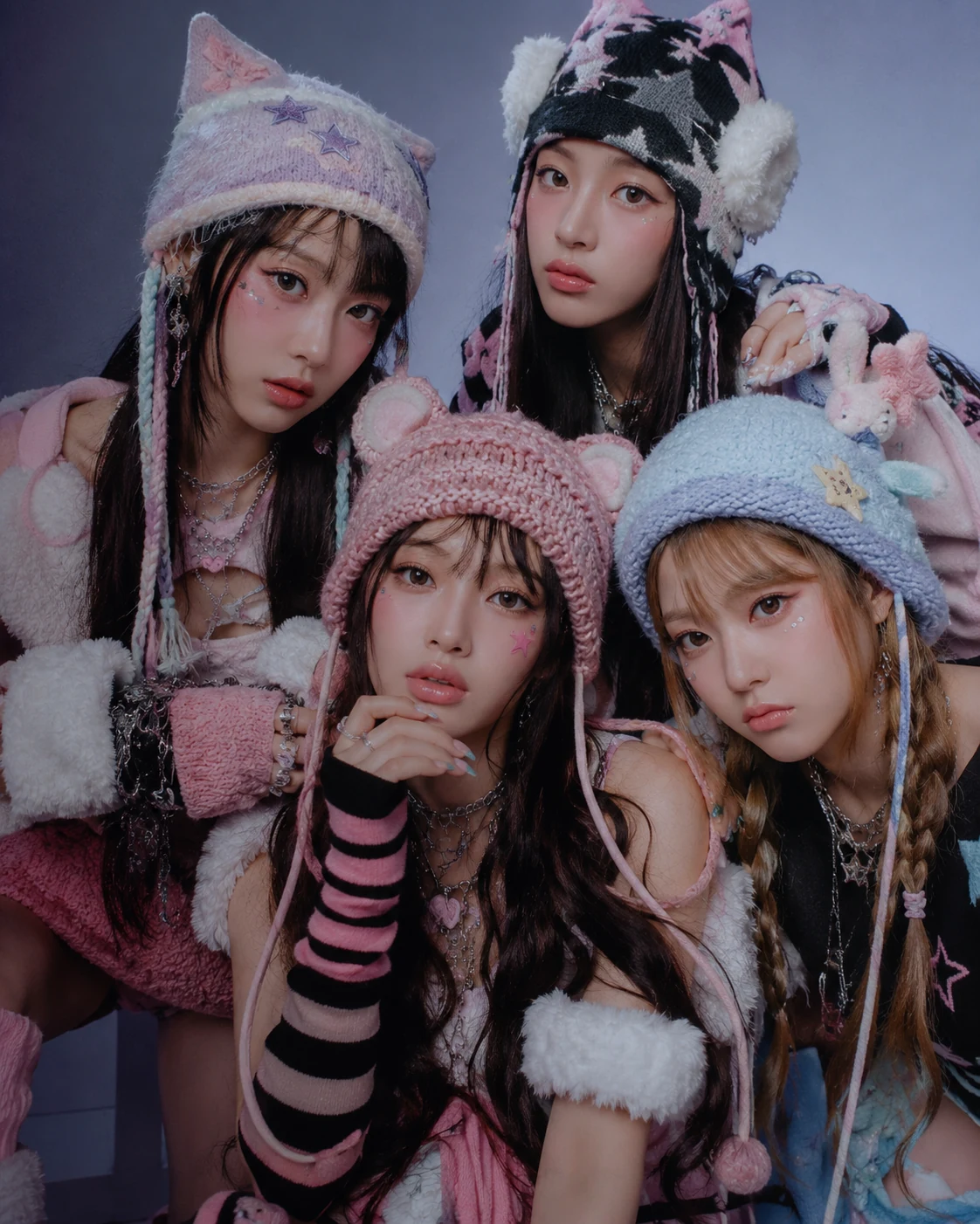 Four-member fictional K-pop concept group in a pastel Y2K editorial