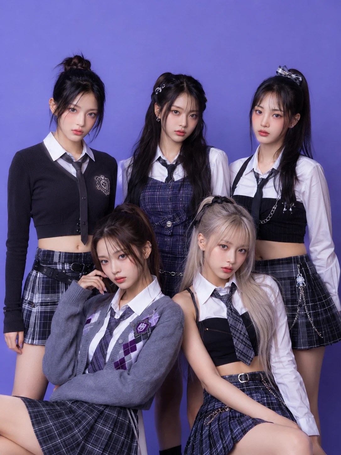 Five-member fictional idol group in a purple school-uniform concept editorial