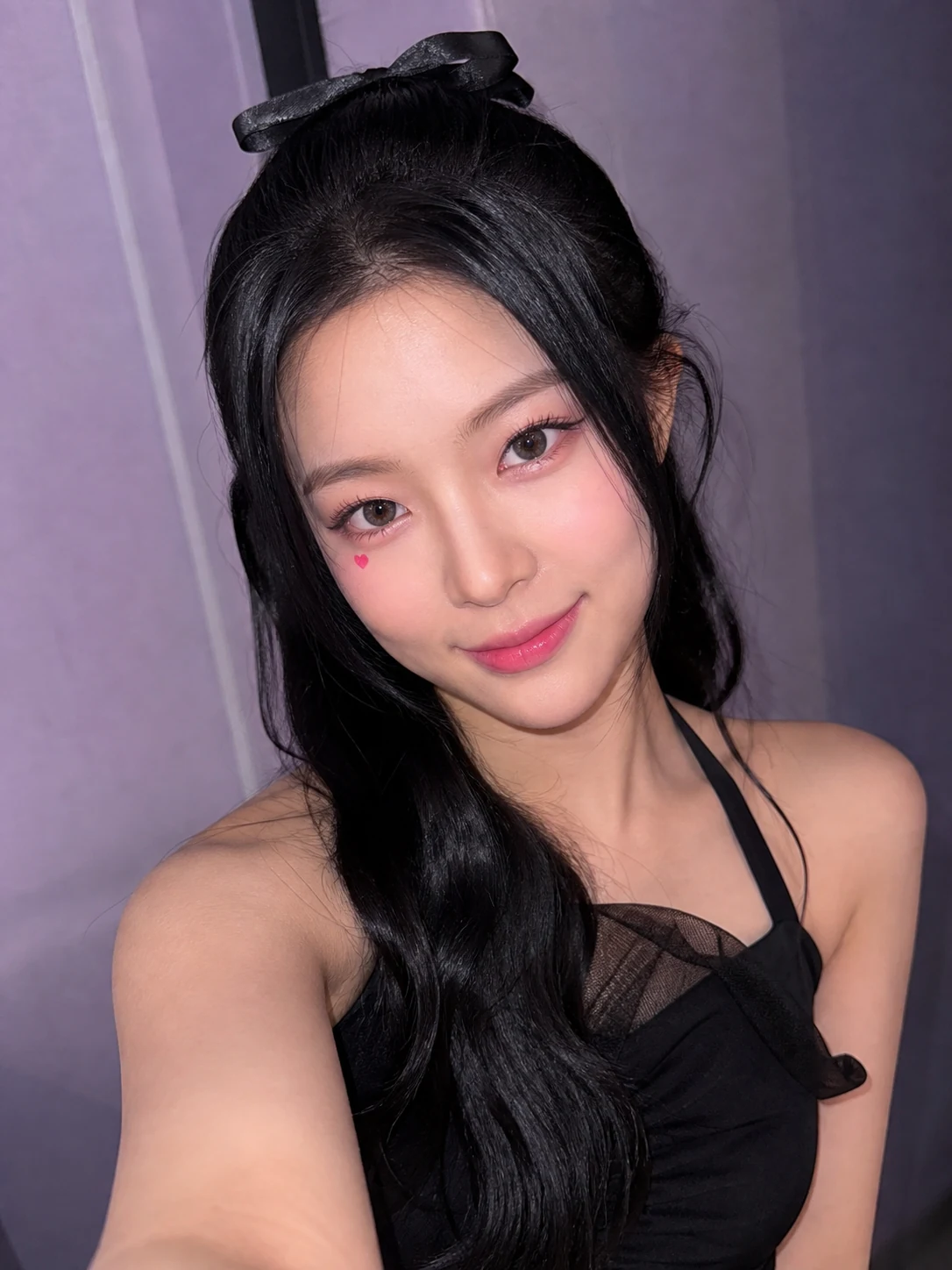 Fictional K-pop concept model posing for a flash photocard selfie